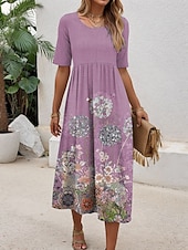 tanie Sukienki boho-Damskie Sukienka mini Sukienka t-shirtowa Sukienka A line Letnie sukienki Urlop Codzienny Codzienny Regularny Kwiaty Graficzny Krótki rękaw Półgolf Niebieski Fioletowy Zielony Lato