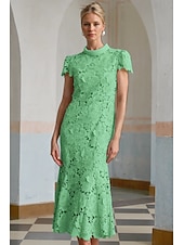 abordables Robes de cocktail-Robe Cocktail Colonne Jaune Bleue Élégante Robe Brodée Mariage Formelle Longueur Cheville Manches Courtes Col Montant Dentelle avec Fente