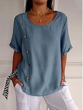 abordables Chemises-Femmes Chemises en coton et lin Uni Basique Manche Courte Col ras du cou Hauts Réguliers Quotidien Boutons Noir Blanche Vert Véronèse bleu marine Bleu Ciel Été