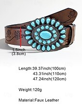 رخيصةأون حزام نسائي-حزام نسائي غربي فيروزي اللون - حزام خصر من الجلد الصناعي منقوش بالورود للروديو والمهرجانات وأزياء البوهو والملابس الكاجوال