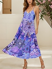 voordelige Boho Jurken-Dames Maxi-jurk Zonnejurk A lijn jurk Slipdress Vakantie Casual Boho Strand Normale pasvorm Grafisch Wijnoogst Boho Paisley Damast Mouwloos V-hals blauw Paars Oranje Groen Zomer Lente