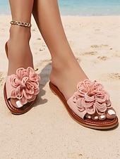 billige Kvinner-blomstersandaler for kvinner – flate strandsko i boho-stil med 3d-blomsterdesign for sommerferie og fritidsklær
