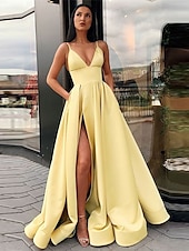 cheap Prom Dresses-A-Line Prom Dresses Black Dress Dress Wedding Guest Prom Sweep / Brush Train Sleeveless Spaghetti Strap Satin with Pleats Split Front Masquerade Dress 2025