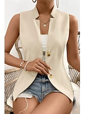 billige Enkel tank topp-Dame linskjorte Bluse Bomull lin vest عادي Fritid Ermeløs V-hals Vanlige topper Daglig Ut på byen Knapper Svart Hvit Champagne Sommer
