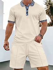 cheap Sports-Men&#039;s Waffle Polo Shirts Golf Shirt Work Casual Lapel Short Sleeve Basic Modern Color Block Patchwork 2 Piece Summer Regular Fit Black White Royal Blue Khaki Gray Waffle Polo Shirts