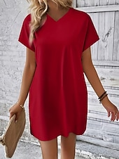 preiswerte Weißes Kleid-Damen Mini Kleid T-Shirt Kleid Tee Kleid einfarbig Sommer Kleid lässig täglich reguläre Passform Grafik Kurzarm V-Ausschnitt Schwarz Rot Olivgrün Aprikose Sommer