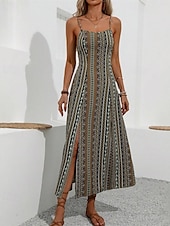 abordables Robe Boho-Femmes Robe Midi Robe Décontractée Robe d&#039;été Robe Nuisette Robe bohème Élégant Mode Moderne Quotidien Plage Week-end Coupe régulière Rayé Sans manches Col en V Rouge Vert Été