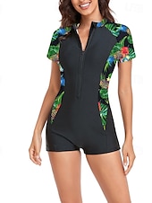 abordables Maillots de bain une pièce-Femmes Maillots de Bain Une Pièce Maillot de bain Zip Up Patchwork Tropical Tenues de plage Fleur Col rond Manches courtes Maillots de bain