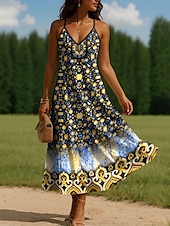 preiswerte Blumenkleider-Damen Maxikleid A Linie Kleid Unterkleid Urlaub Lässig Outdoor Normale Passform Blumen Grafik Ärmellos V Ausschnitt Spaghettiträger Gelb Rote Blau Purpur Sommer Frühling