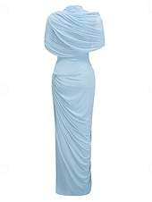 abordables BLEU-Robe de soirée colonne Bébé Robe élégante Robe formelle Invité de mariage Longueur sol Manches courtes Col haut Spandex avec châle drapé