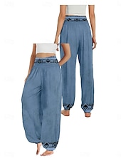preiswerte Hose aus Baumwollleinen mit Grafik-Damen Leinen-inspirierte Hosen Weites Bein Hosen Hose Ethno-Stil Lässig Boho Volle Länge Hohe Taille Blumen Grafik Paisley-Muster Tasche Elastischer Bund Drucken Atmungsaktivität Weich Mikroelastisch