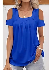 abordables T-shirt uni-Femmes Chemisier Uni Moderne Occasionnel Manche Courte Col carré Hauts Réguliers Fête Sortir Froncé Bleu Vert Été