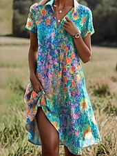 levne Květinové šaty-Dámské Mini šaty Volnočasové šaty Letní šaty Boho šaty Africký vzor Dovolená Denní Víkend Běžný Květinový Krátký rukáv Košilový límec aqua modrá Rubínově červená Vodní modrá Hnědá Léto