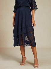 billige Chiffon skjørt-Dame الالتفاف Elegant Midi Medium Midje Skjørt Blomster Multi Layer Uelastisk Fest Avslappet Navyblå Sommer Chiffon