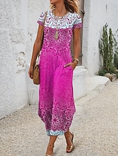 preiswerte Boho Kleid-Damen Midikleid T-Shirt-Kleid Sommerkleid Urlaub Boho Strand Täglich Normale Passform Grafik Stammes Abstrakt Kurzarm Rundhalsausschnitt Königliches Blau Blau Purpur Orange Sommer