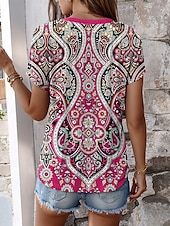 abordables T-shirt Boho-Femmes T-shirt Graphique Tribal Élégant Occasionnel Boho Manche Courte Col en V Hauts Réguliers Quotidien Imprimé Bleu Fuchsia Vert Été Printemps