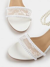 cheap Wedding Sandals-Women&#039;s White Bridal Sandals with Lace and Pearl Detailing, Block Heel Design for Beach Weddings and Summer Ceremonies