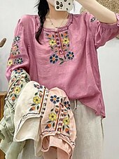 abordables Tops Boho pour Femmes-Femmes Chemise Fleuri Élégant Occasionnel Manche 3/4 Col ras du cou Hauts Réguliers Quotidien Broderie Vert Claire Rose Claire Fuchsia Abricot Bleu clair Été Printemps