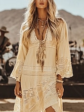 levne Boho šaty-Dámské Midi šaty Boho šaty Westernové šaty Módní Venkovní Dovolená Jdeme ven Běžný Bez vzoru Dlouhý rukáv Do V Meruňková Léto