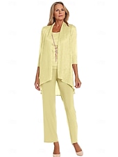 economico Tailleur pantalone della mamma-Completo pantalone 3 pezzi per la madre della sposa, elegante, con scollo rotondo, lunghezza pavimento, in chiffon, maniche lunghe, con volant a cascata in pizzo, arricciato, 2025
