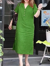 economico Vestiti-Per donna Abito Midi Abiti in cotone e lino Vestito Casual Moda All&#039;aperto Feste Ferie Vestibilità regolare Semplice Manica Corta Scollo a V Blu Viola Verde Estate