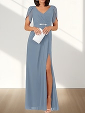 cheap Wedding Guest Dresses-A-Line Wedding Guest Dresses Elegant Dress Wedding Guest Engagement Floor Length Short Sleeve V Neck Chiffon with Ruched Beading Slit