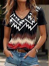 billige Stripe og geometrisk t-skjorte-Dame T skjorte Grafisk Geometrisk Årgang Stilfull Klassisk Kortermet V-hals Vanlige topper Daglig Helg Trykt mønster Svart Sommer Vår