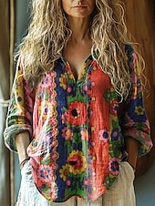 olcso Boho felsők-Női Ing Virágos Csehország Szüret Hawaii Hosszú ujj Állógallér Normál felsők Napi Szabadság Gombok Nyomtatott Fekete Fehér Sötétkék Medence Bíbor Nyár