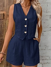 cheap Women&#039;s Blouse Suits-Women&#039;s Active Blouse Vest Shorts Sets Sleeveless V Neck Solid Color Dubbele Rij Knopen Holiday Casual Daily Black Wine Army Green Summer Regular Fit