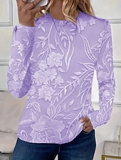 levne květinové tričko-Dámské Tričko Květinový Grafika Rostliny Elegantní Na běžné nošení Dlouhý rukáv Tričkový Kulatý Běžné topy Denní Tisk Světlá růžová Vodní modrá Fialová Béžová Jaro Podzim