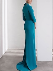 cheap BLUE-Blue A-Line Evening Gown Elegant Dress Formal Wedding Floor Length Long Sleeve Shirt Collar Stretch Crepe with Slit Shouder Flower 2025