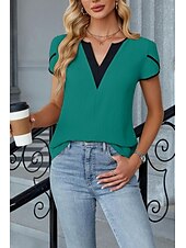 abordables Hauts Unis pour Femmes-Femmes Chemisier Bloc de Couleur Moderne Occasionnel Manche Courte Col en V Hauts Réguliers Fête Sortir Patchwork Noir Blanche Vert Abricot Été