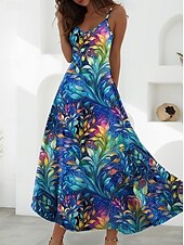 preiswerte Blumenkleider-Damen Maxikleid A Linie Kleid Unterkleid Urlaub Lässig Boho Party Ausgehen Normale Passform Blumen Grafik Ärmellos V Ausschnitt Blau Purpur Braun Beige Sommer Frühling