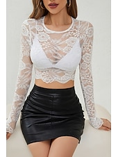 olcso Csipkés felsők-Női Blúz Csipke felsők Sima Elegáns Stílusos Hosszú ujj Terített nyak Crop Tops Napi Alkalmi Csipke Fehér Lóhere Nyár