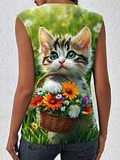 billige Grafisk butikk Tank topper &amp; Camis-Dame Skjorte Bluse Blad Katt Stilfull Fritid Ermeløs Med stropper Vanlige topper Daglig Trykt mønster Gul Lysebrun Blå Grønn Sommer Vår
