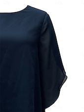 abordables Moins de 129,99 $-Ensemble de pantalon 2 pièces robe de mère de la mariée classique à col rond élégante en chiffon asymétrique à manches courtes avec une couleur unie