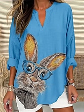 tanie koszula wielkanocna-Bluzka damska z lnu przewiewna lekka tunika dekolt w serek długi rękaw boho casual graficzny zwierzęcy vintage tropikalna codzienne regularne topy codzienne noszenie nadruk czarna biała niebieska
