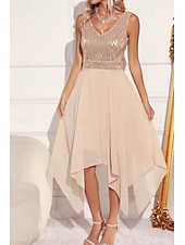 abordables Robes à paillettes-Femmes Robe Midi Robes à paillettes Robe de Soirée Robe Élégante Mode Soirée Coupe régulière Bloc de Couleur Sans manches Col en V Vert Abricot Été