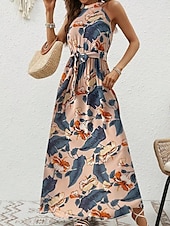 billiga Boho klänningar-Dam Maxiklänning A linjeklänning Off Shoulder Klänning Semester Ledigt Boho Utomhus Utekväll Normal Grafisk Paisley Ärmlös Halterneck Blå Purpur Brun Aprikos Sommar