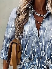 tanie Kwiatowe topy-Damskie Koszula Ombre Kwiaty Graficzny Codzienny Długi rękaw Kołnierzyk koszuli Zwykłe topy Praca Codzienny Guziki Nadruk Dżinsowy niebieski Biały Khaki Lato Wiosna Jesień