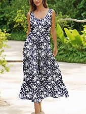 ieftine Rochii florale-Pentru femei Rochii Midi Rochie de Vară Rochie A line Rochie cu umeri Elegant Vacanță Casual Fit regulat Floral Grafic Fără manșon În U Scoateți gâtul Roșu Vin Albastru piscină Trifoi Vară Primăvară