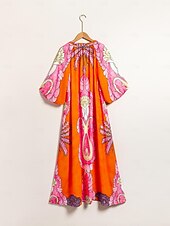 billiga Blommiga klänningar-Dam Hem Maxi Maxiklänning Orange Halvlång ärm Växter Stringtrosa Sommar V-hals Klänningar Semester XS S M