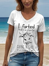 preiswerte Humor &amp; Zitate T-Shirt-Damen T Shirt Grafik Tiermotiv Kuh Vintage Stilvoll Klassisch Kurzarm V Ausschnitt Normale Oberteile Täglich Ausgehen Wochenende Druck Schwarz Weiß Gelb Grün Hellgrau Sommer Frühling