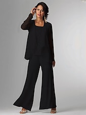 levne Máminy kalhotové kostýmy-Plážový svatební overal  kalhotový oblek 3 kusy Matky nevěsty Formální svatební host Elegantní Plus size Zahrnutý obal Lodní výstřih Délka podlahy Chiffon bez rukávů s krajkou bezplatná velikost na