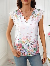 economico Canotta Floreale-Per donna Canotta a canotta Floreale Grafico Quotidiano Casual Senza Maniche Scollo a V Top Regolari Quotidiano Pizzo Patchwork Stampato Bianco Estate