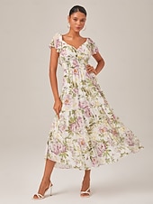 baratos Vestidos Florais Elegantes-Feminino Vestido de chiffon Vestido Longo Amarelo Verão Decote Princesa Elegante Férias Moda S M L