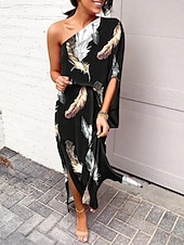 billiga Blommiga klänningar-Dam Maxiklänning Off Shoulder Klänning Semester Ledigt Boho Utomhus Strand Lös passning Grafisk Löv 3/4 ärm Enaxlad Svart Vit Blå Kaki Sommar