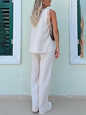 preiswerte Blusenanzüge für Damen-Damen Aktiv Basic Baumwoll-Leinen-Sets Bluse Hosen-Sets Ärmellos V Ausschnitt Einfarbig Täglich Alltagstauglich Wein Königsblau Beige Sommer Normale Passform