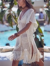abordables Robes de plage-Maillots de Bain Femme Couverture Robe de Bain Maillot Franges Vacances Plage Tenue Couleur Unie Col en V Manches Courtes Maillots de Bain
