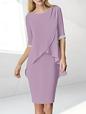 preiswerte Teelänge-Strandhochzeit Etuikleid Mutter der Braut Kleid Hochzeitsgast Eleganter Juwelenausschnitt Teelänge Chiffon halblangärmelig mit Perlen-Raffung